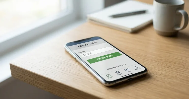 Smartphone zeigt neutrale Sportwetten-App mit Einzahlungsbildschirm und minimaler Schwelle