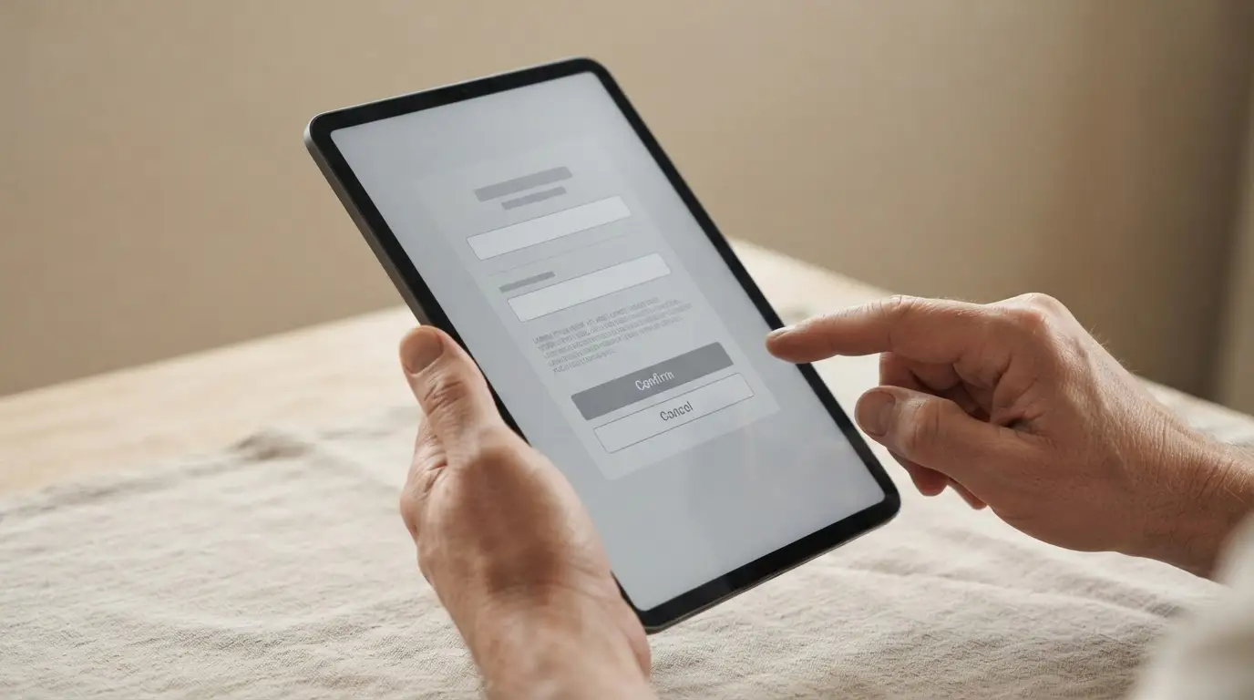 Mobile Zahlungsabwicklung auf Tablet mit neutraler Transaktionsübersicht