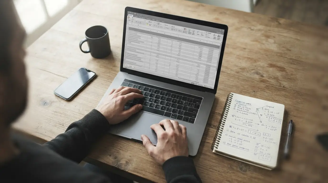 Arbeitsplatz mit Laptop und Notizen für den systematischen Vergleich von Sportwetten-Anbietern