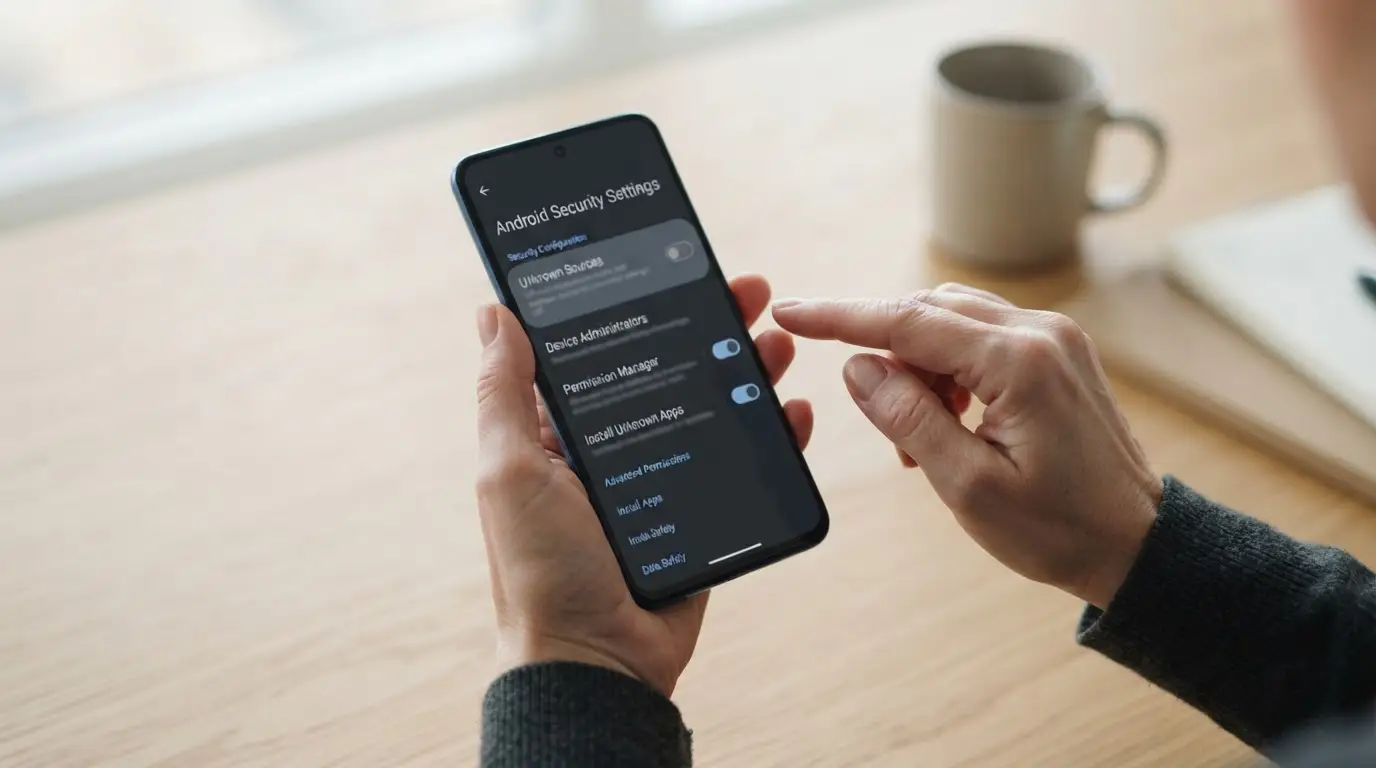 Hände halten Smartphone mit abstrakten Sicherheitseinstellungen und Installationsbildschirm