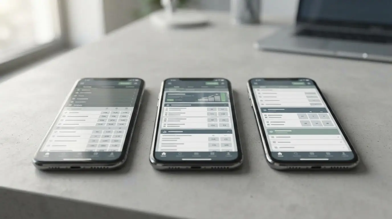Mehrere Smartphones nebeneinander mit verschiedenen Wett-Apps auf neutralem Hintergrund