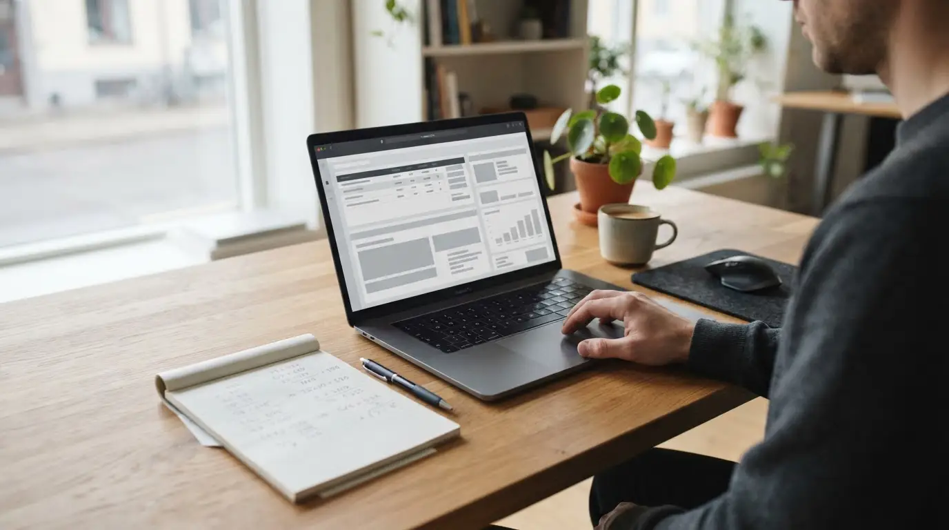 Analytischer Arbeitsplatz mit Laptop und Notizen zur Bewertung von Wettanbietern