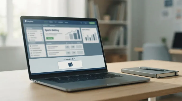 Laptop mit PayPal-Zahlungsoption für Online-Sportwetten