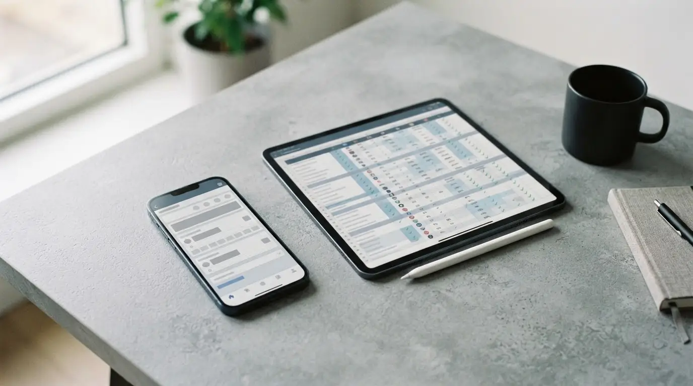 Smartphone mit Sport-Wett-App auf neutralem Schreibtisch neben Tablet mit Vergleichsdaten
