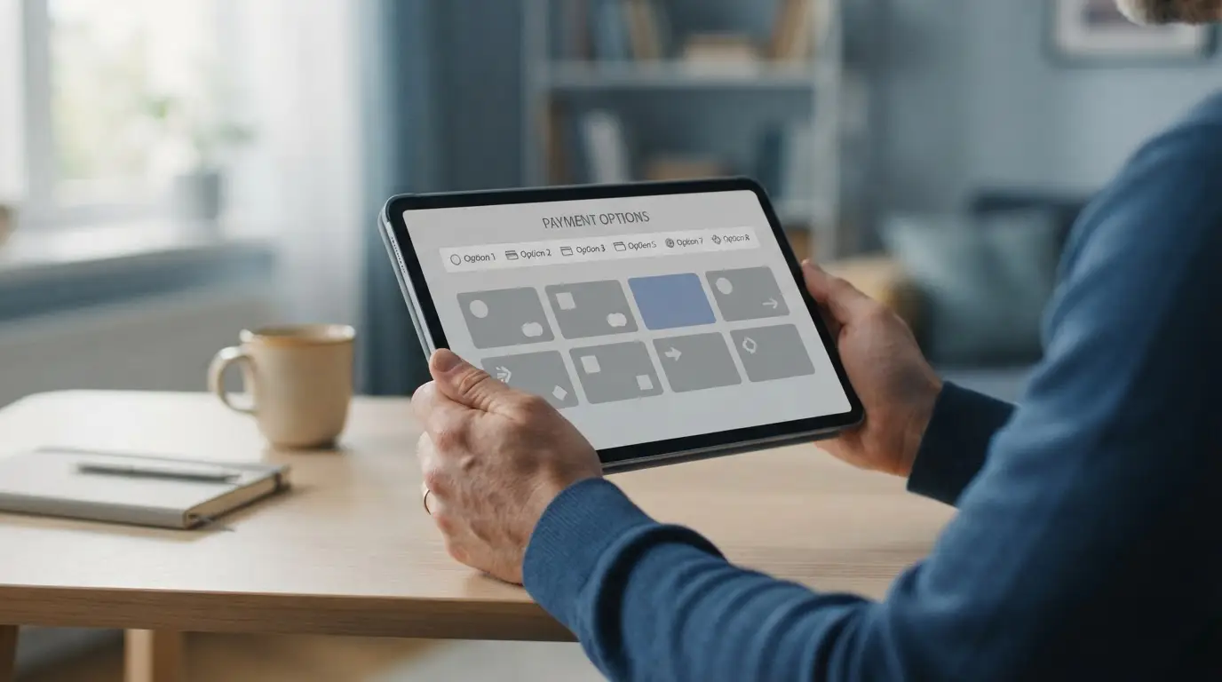 Person wählt alternative Zahlungsmethode auf Tablet für Sportwetten in Deutschland