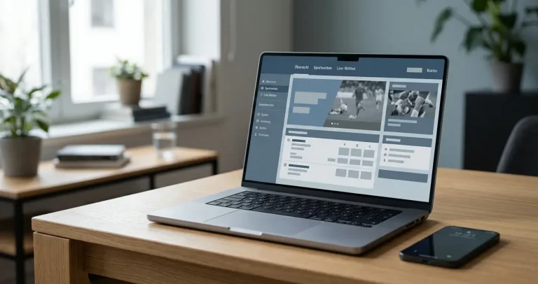Laptop mit abstraktem Wettanbieter-Interface auf ruhigem Schreibtisch