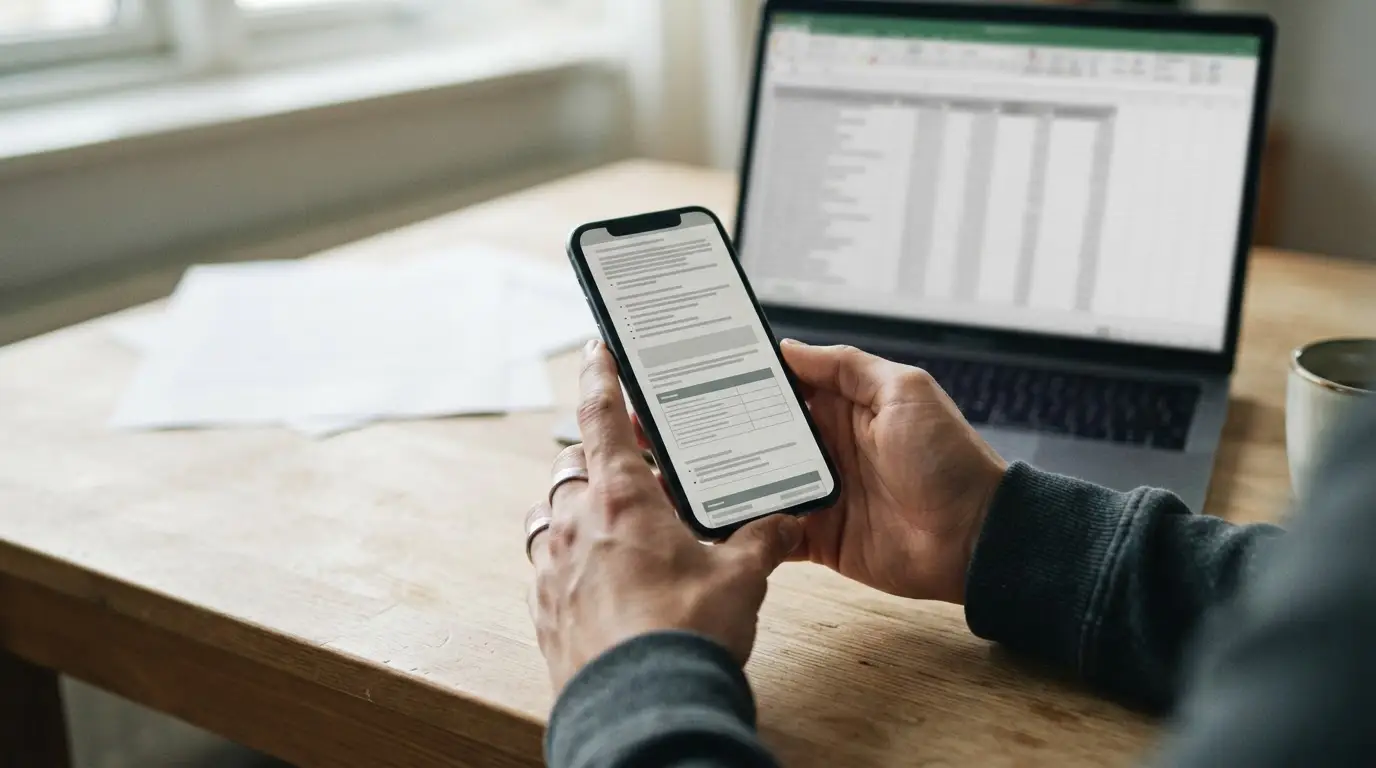 Nahaufnahme von Händen, die auf dem Smartphone Bonus-Bedingungen prüfen
