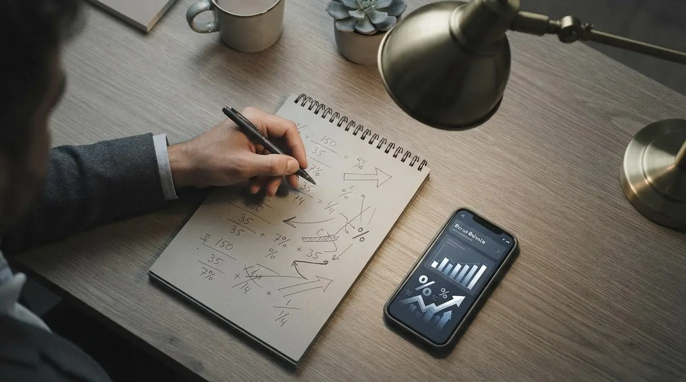 Hand mit Stift über Notizblock mit Prozentrechnungen neben Smartphone
