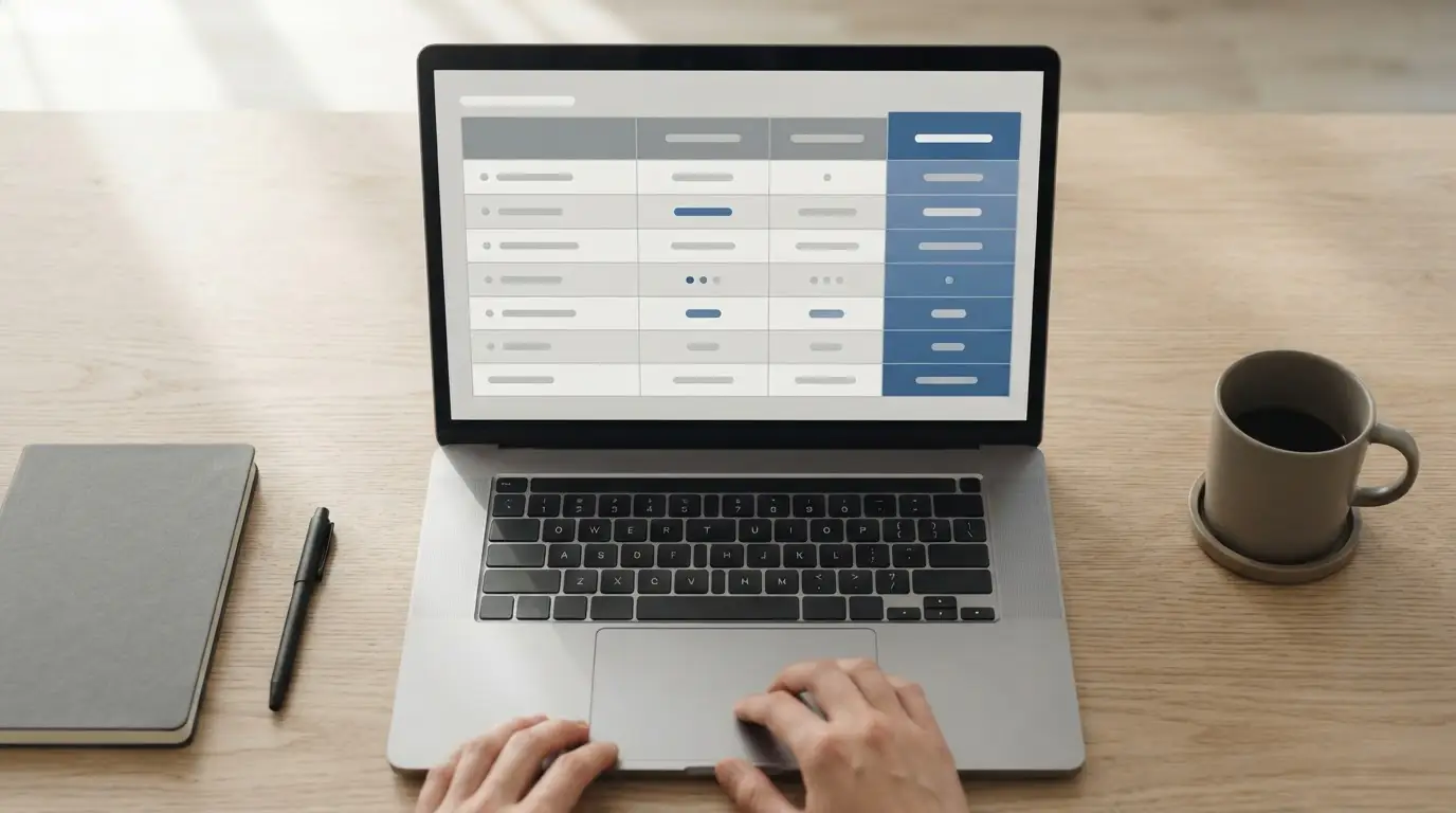 Vergleichstabelle auf Laptop-Bildschirm mit abstrakten Zeilen und Spalten