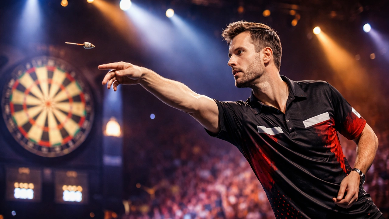 Dartspieler wirft unter Scheinwerferlicht vor Publikum auf der Bühne