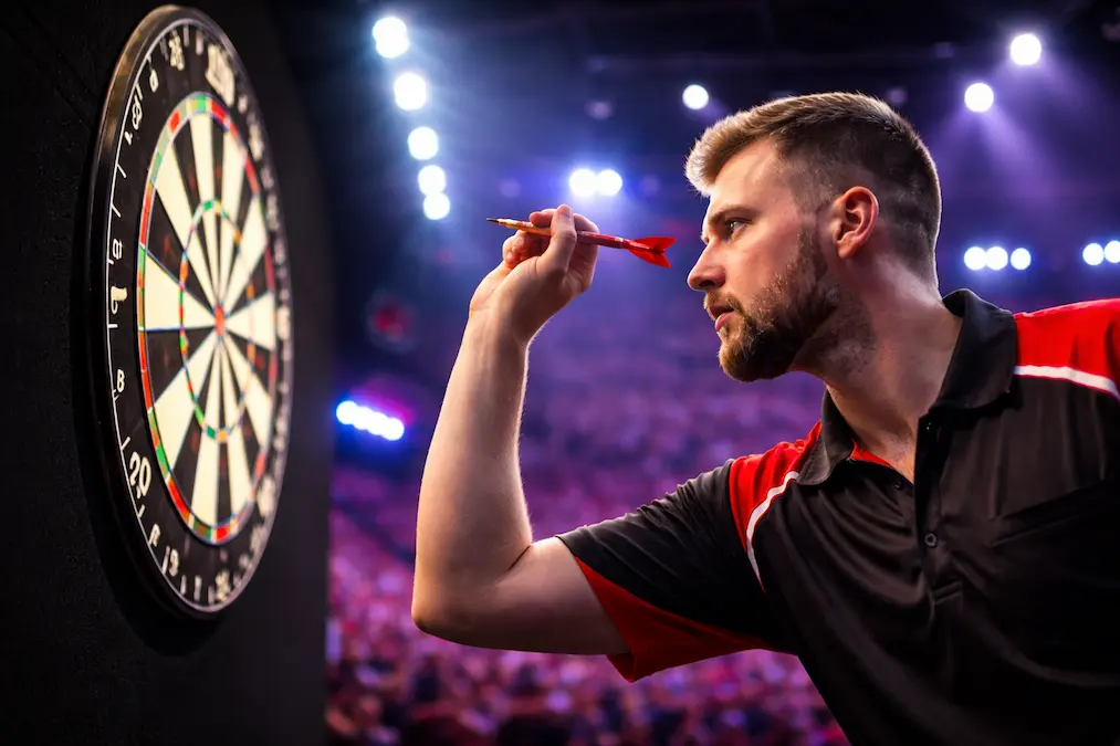 Darts-Spieler am Oche wirft Pfeil auf Dartboard unter Scheinwerferlicht