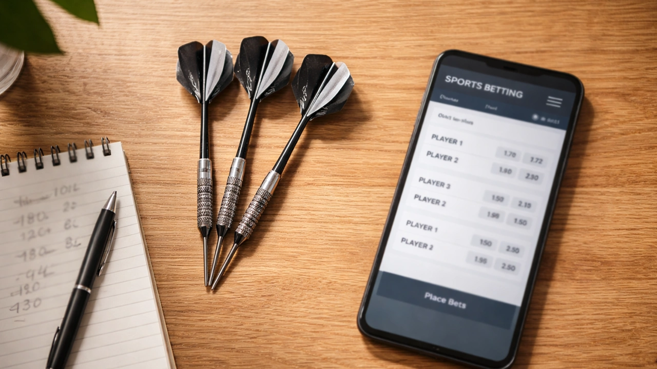 Smartphone zeigt Darts-Wettquoten neben einem Dartboard auf einem Tisch