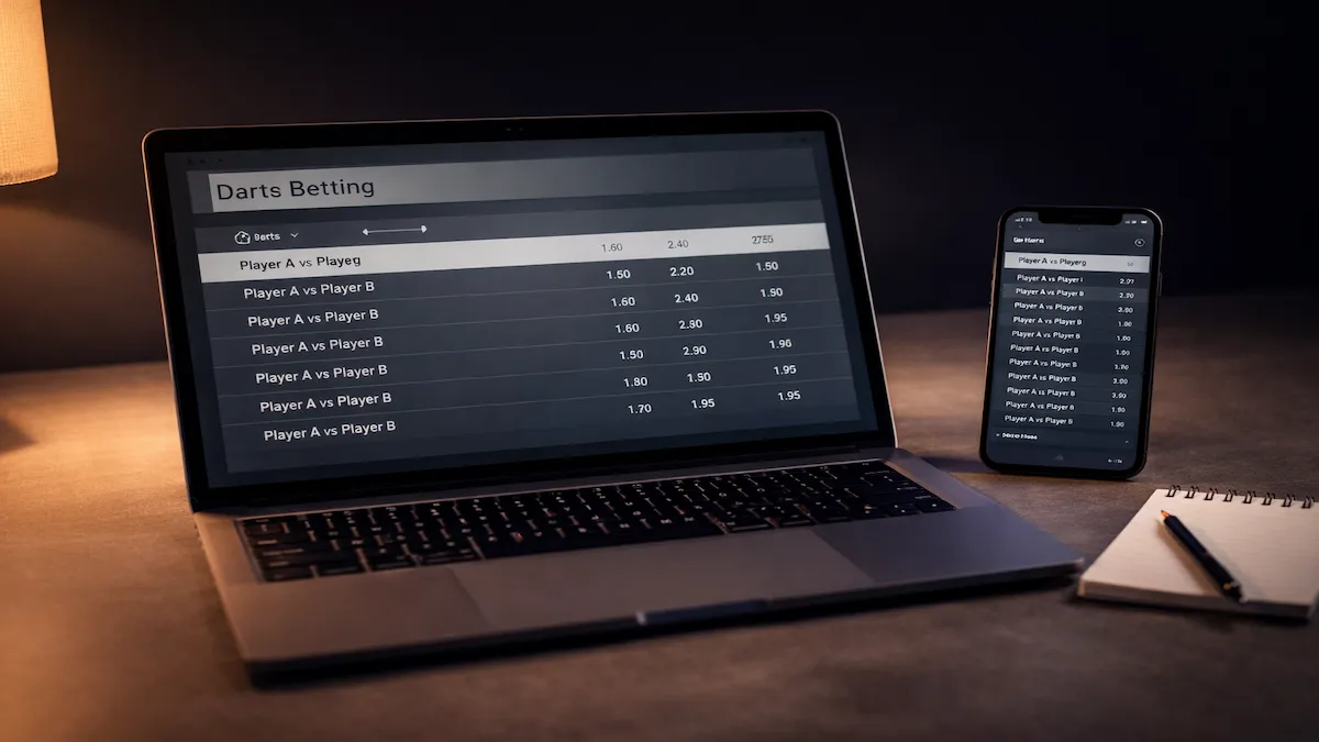 Übersicht verschiedener Darts-Wettarten auf einem Monitor mit Quotentafel