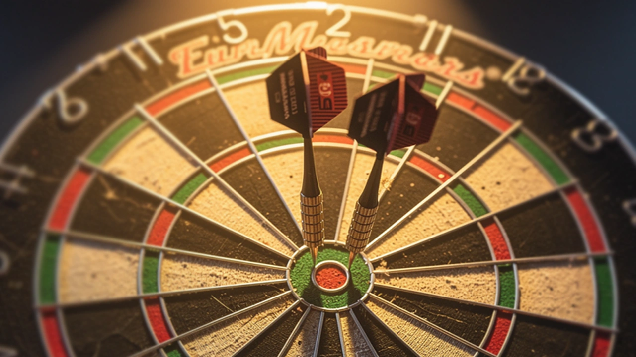 Dartpfeile stecken in der Triple-20 eines Dartboards unter Bühnenlicht