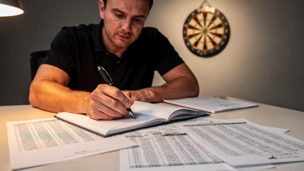 Dartspieler analysiert Statistiken an einem Schreibtisch mit Dartboard im Hintergrund