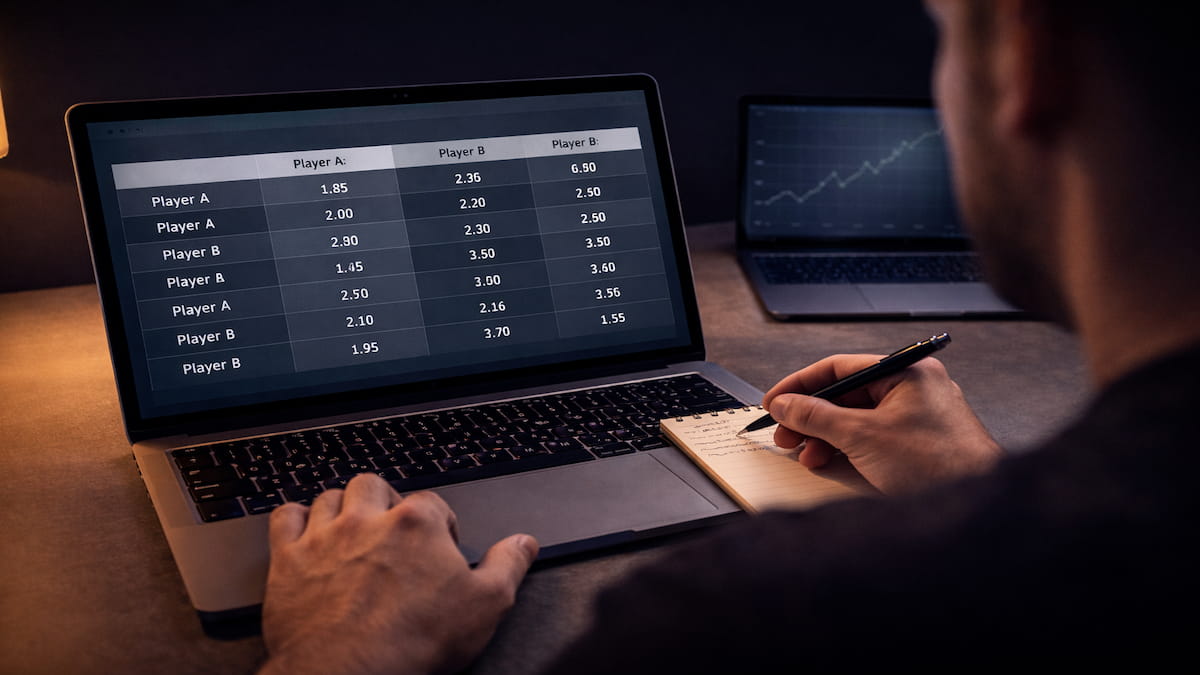 Person vergleicht Darts-Wettquoten auf Laptop mit verschiedenen Buchmacher-Seiten