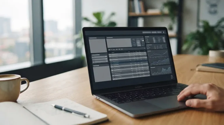 Laptop mit Sportwetten-Plattform und Bitcoin-Symbol auf aufgeräumtem Schreibtisch