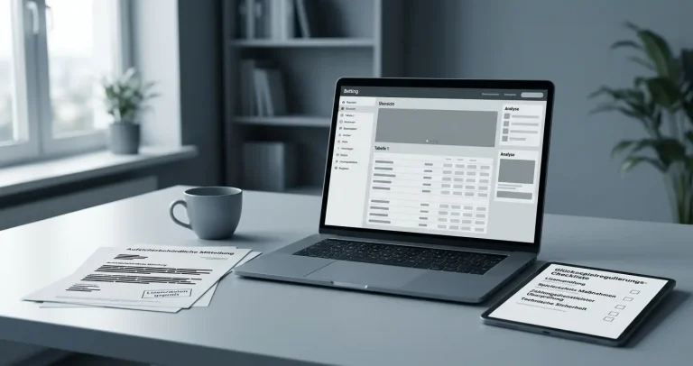 Arbeitsplatz mit Laptop zeigt neutrale Wettplattform-Oberfläche, Dokumente und Notizen zur GGL-Regulierung