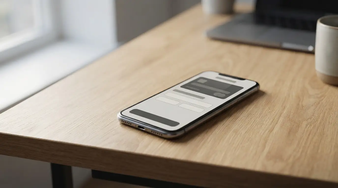 Smartphone mit abstrakter Zahlungsschnittstelle auf neutralem Schreibtisch