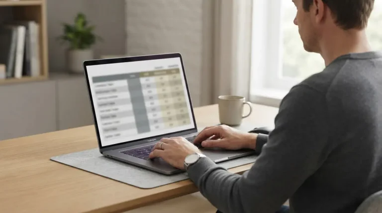 Laptop mit Vergleichstabelle verschiedener Wettanbieter auf neutralem Schreibtisch
