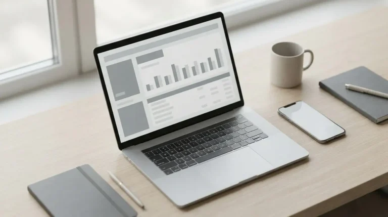 Laptop mit abstrakten Zahlungsdaten und Smartphone auf Schreibtisch in neutralem Licht