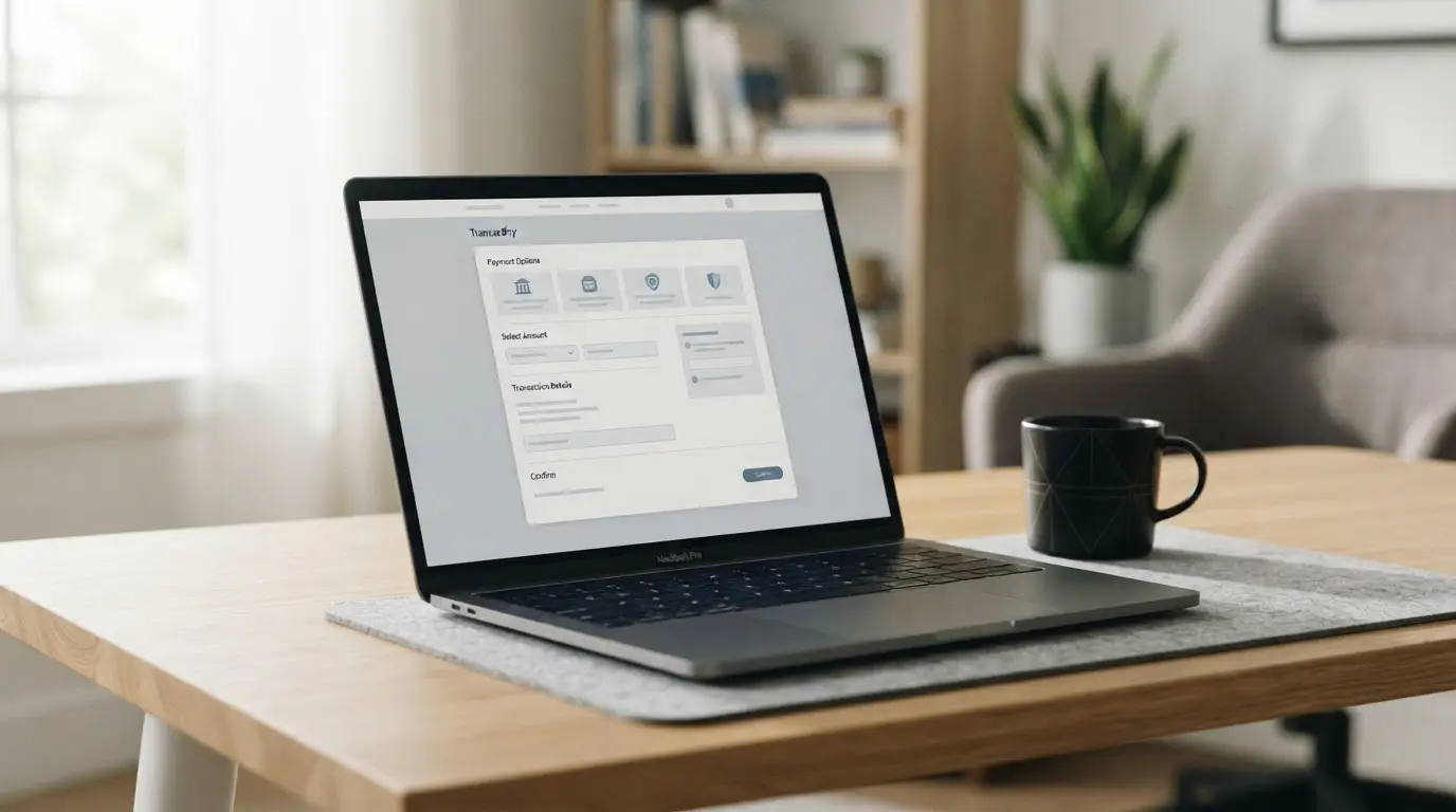Laptop zeigt neutrale Wettoberfläche mit Trustly-Zahlungsoption auf aufgeräumtem Schreibtisch
