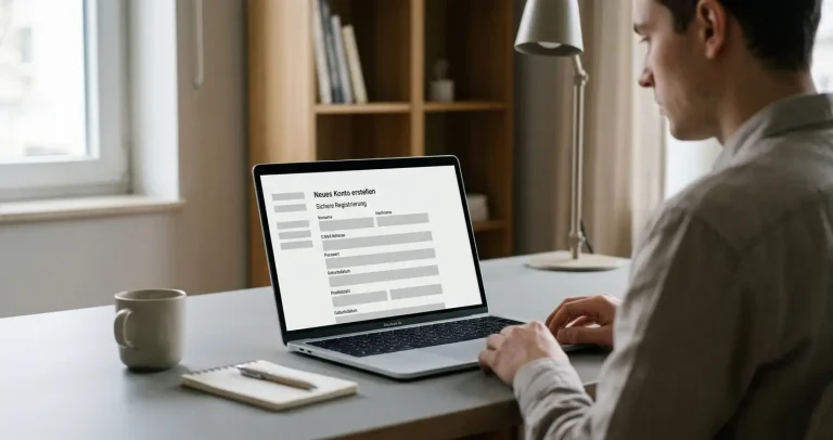Laptop mit abstraktem Registrierungsformular auf neutralem Schreibtisch