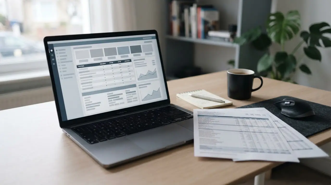 Arbeitsplatz mit Laptop und Dokumenten zur Analyse von Wettanbietern