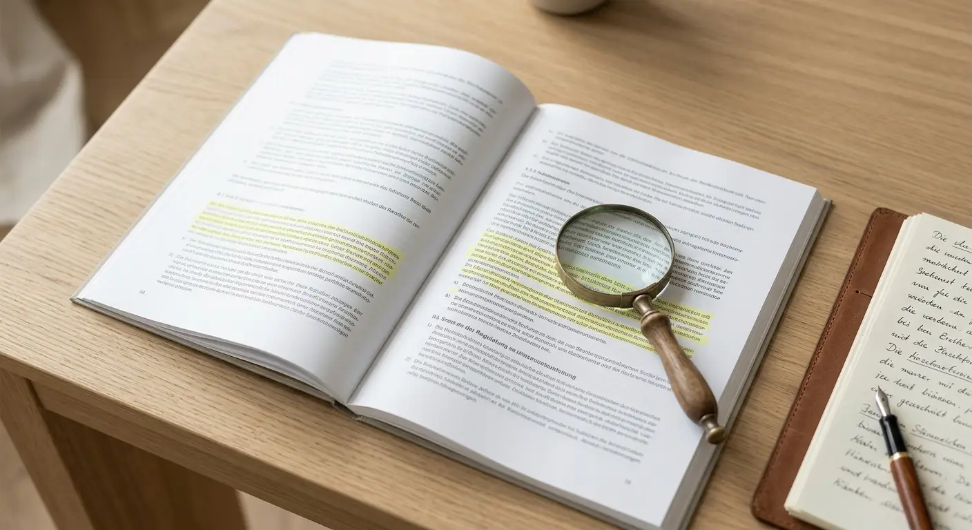 Offenes Dokument mit Paragraphen und Markierungen zu Regulierungsauflagen und Spielerschutz