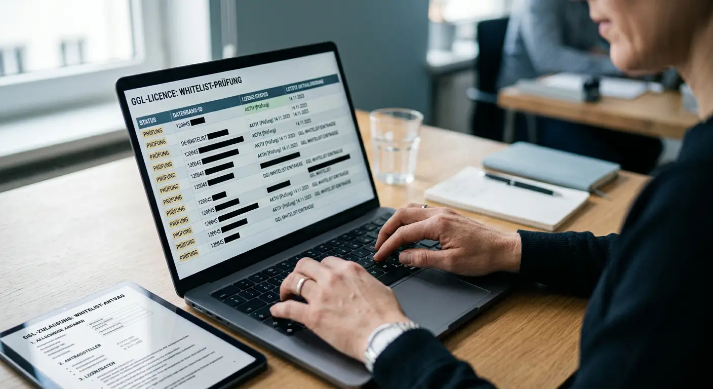 Hände tippen auf Laptop-Tastatur, Bildschirm zeigt abstrakte Whitelist-Datenbank zur Lizenzprüfung