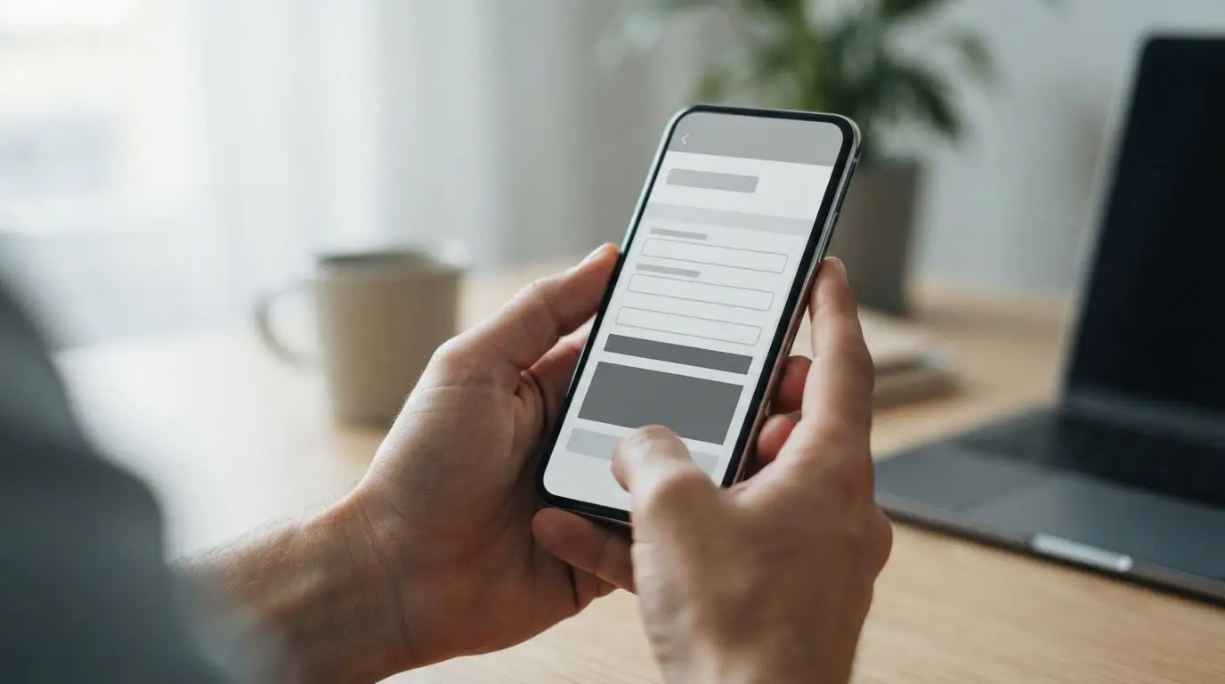 Hände bedienen Smartphone mit abstraktem Zahlungsformular