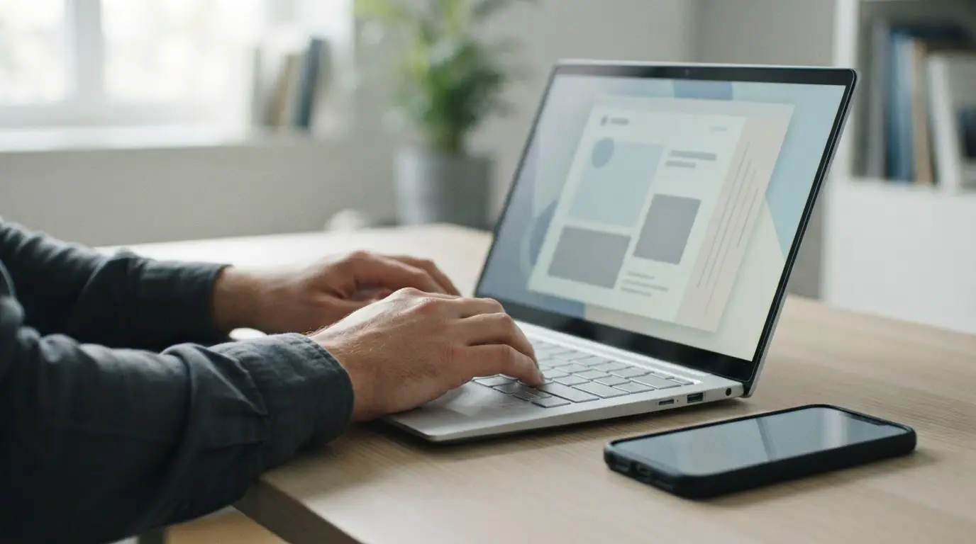 Hände an Laptop-Tastatur, Smartphone daneben, abstrakte digitale Oberfläche sichtbar