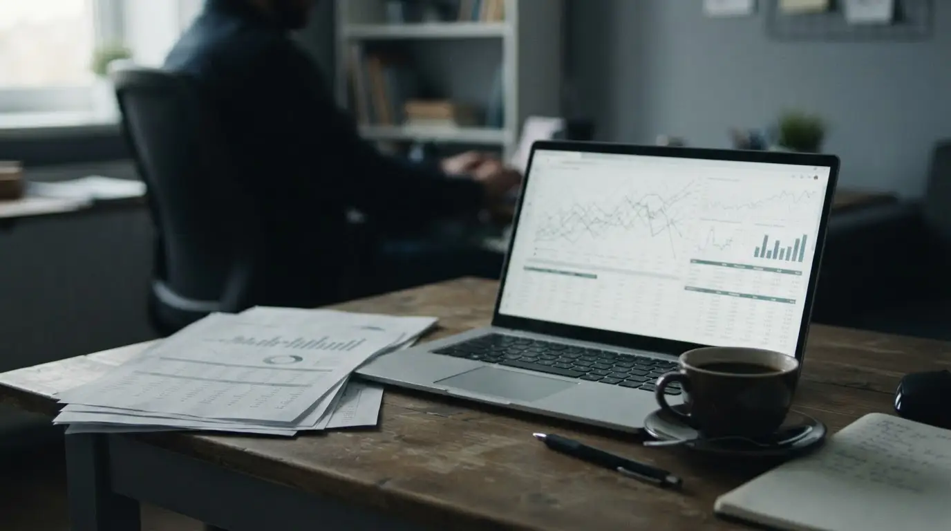 Langzeit-Datenanalyse auf Laptop zeigt statistische Auswertung von hunderten Wettvorgängen