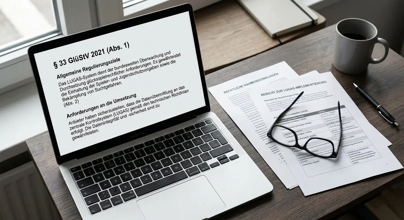 Gesetzestexte und Laptop zeigen das deutsche Regulierungssystem für Online-Wetten