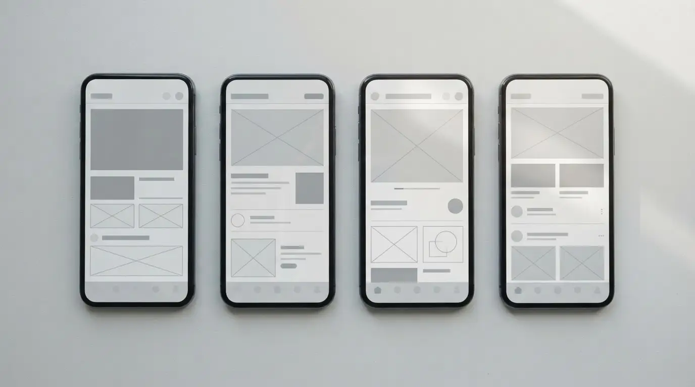 Mehrere Smartphones nebeneinander zeigen unterschiedliche App-Oberflächen im Vergleich