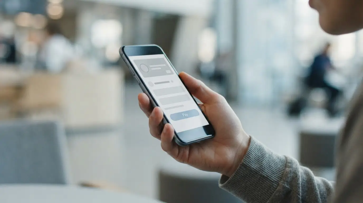 Hand hält Smartphone bei mobiler Zahlungsabwicklung