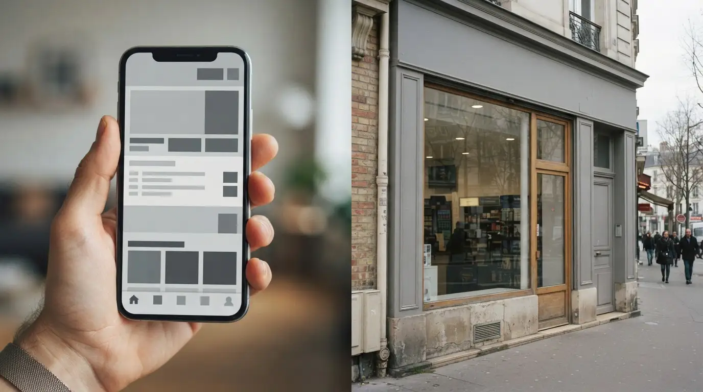 Smartphone mit Online-Wettplattform neben Gebäudefassade eines Wettbüros