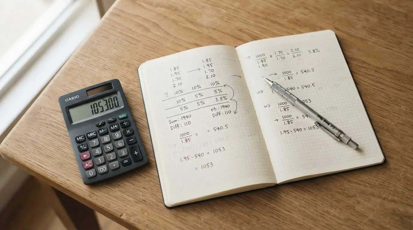 Taschenrechner und handschriftliche Berechnungen zur Wettquoten-Analyse