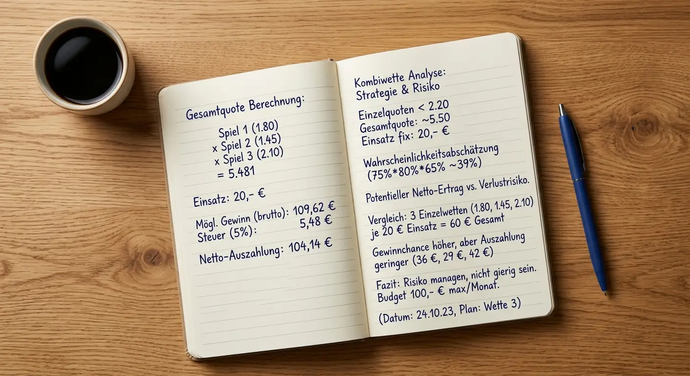 Notizbuch mit handschriftlichen Berechnungen zu Quoten und realistischen Kombinationswetten
