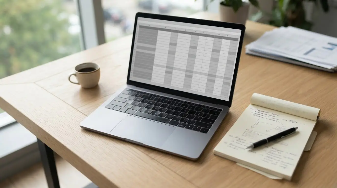 Arbeitsplatz mit Laptop und Notizen für den systematischen Vergleich von Zahlungsanbietern