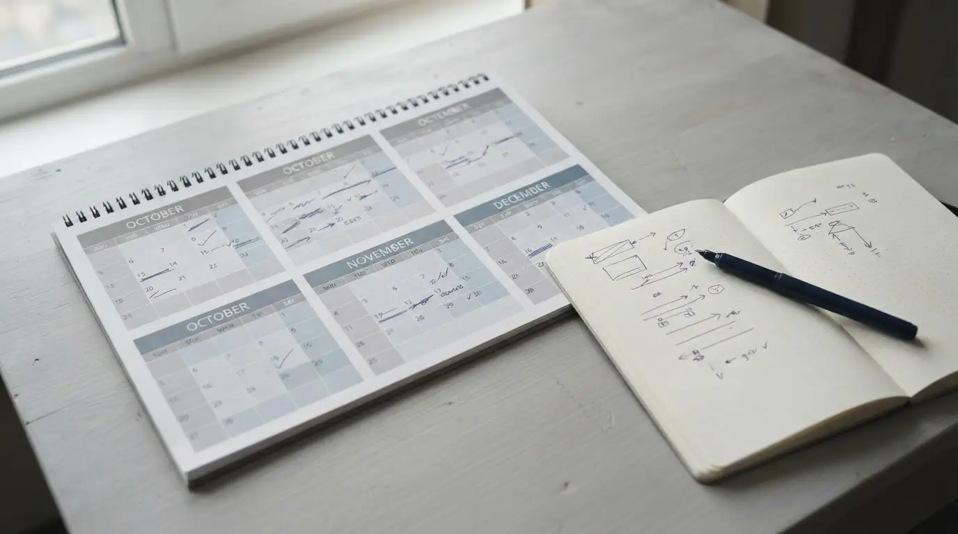 Kalender und nüchterne Aufzeichnungen symbolisieren langfristige Planung und verantwortungsbewusses Verhalten