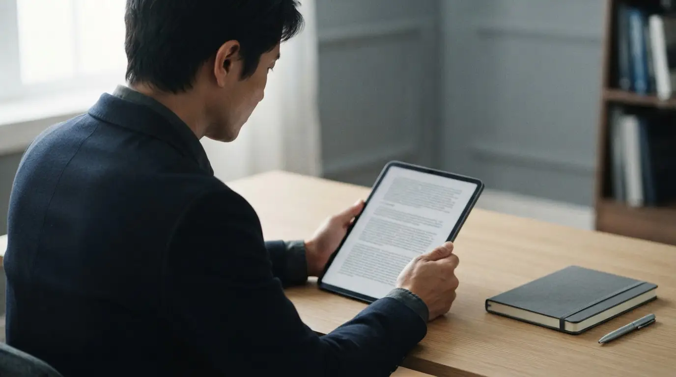 Person liest Vertragsbedingungen auf Tablet in ruhiger Arbeitsumgebung