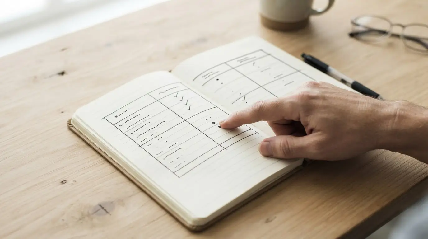 Notizbuch mit Tabelle und Stift auf neutralem Schreibtisch für systematischen Anbietervergleich