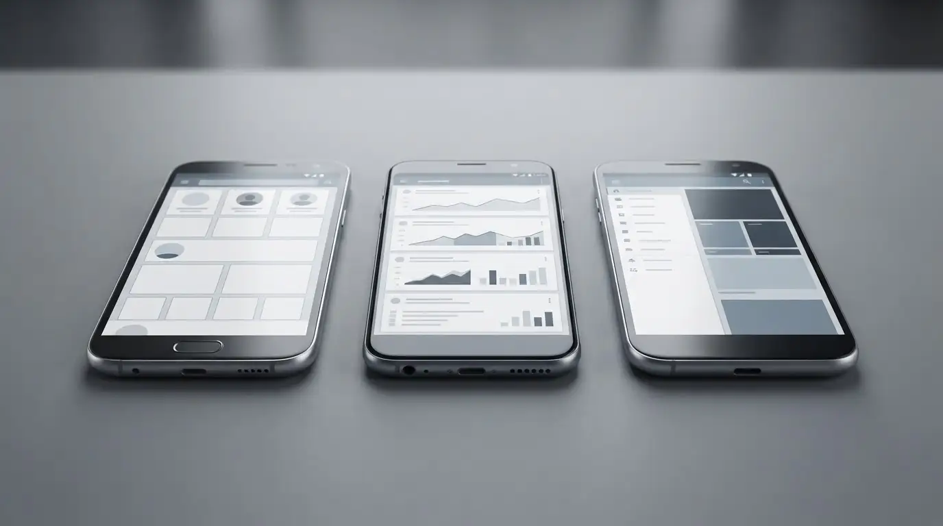 Drei Android-Smartphones nebeneinander zeigen verschiedene neutrale App-Oberflächen im Vergleich