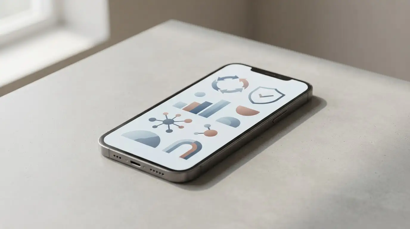 Smartphone mit abstrakten Symbolen für digitale Zahlungsmethoden auf neutralem Display