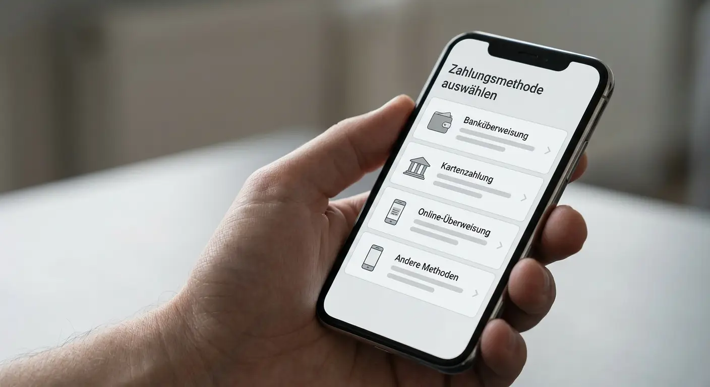 Nahaufnahme eines Smartphones mit neutraler Zahlungsauswahlseite und verschiedenen digitalen Optionen
