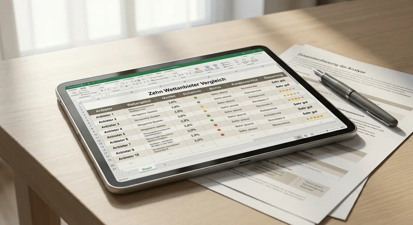 Vergleichstabelle auf Tablet-Bildschirm mit neutralen Bewertungskriterien verschiedener lizenzierter Anbieter