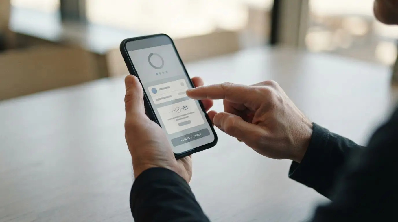 Hände halten Smartphone während eines Zahlungsvorgangs